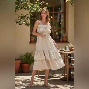 Sofia Ruffle Smocked Back Tiered Midi Dress Womens S Beige Cottagecore Vacation